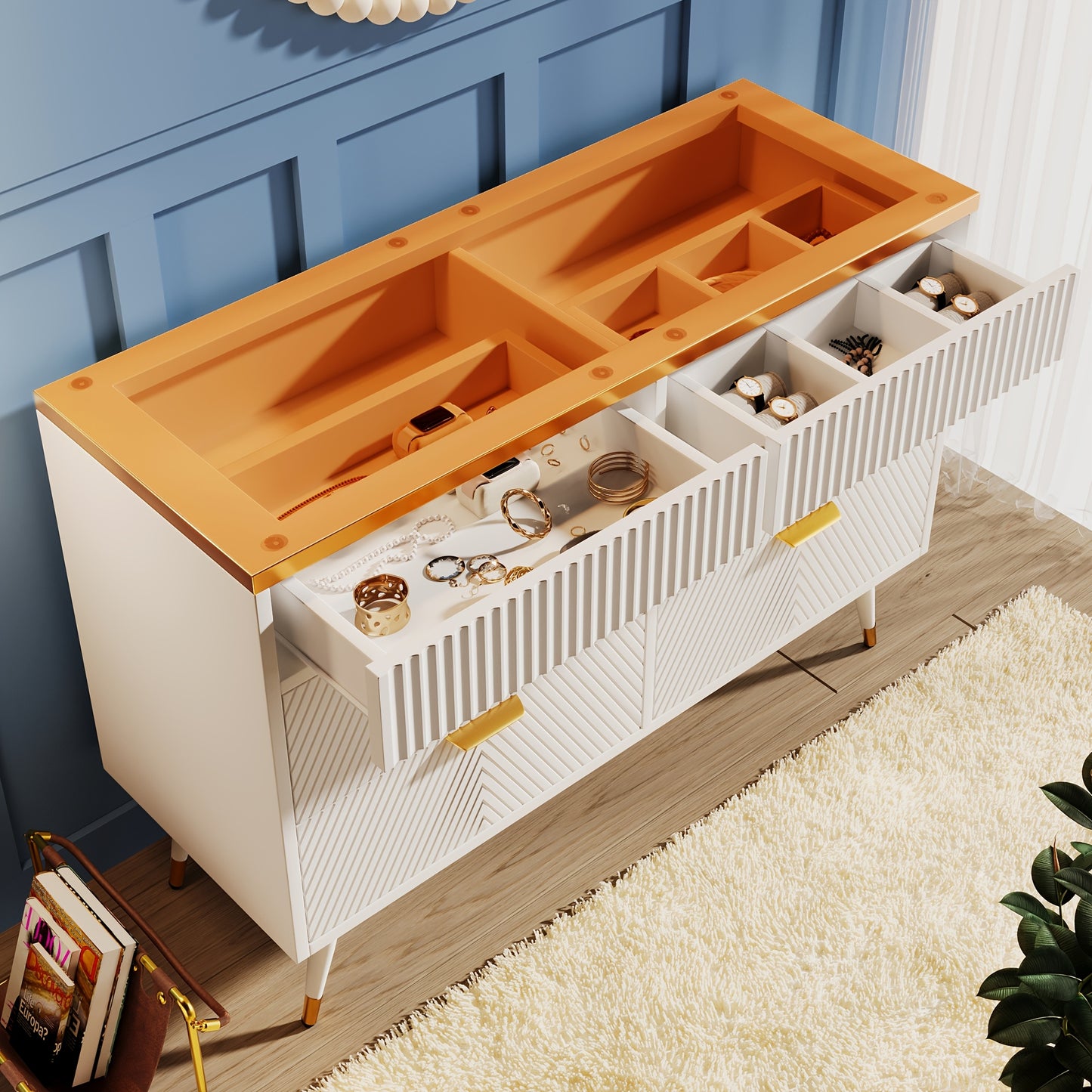 Opbergkast – Ladekast – Kledingkast – Commode – Kast – Wit Bamboe – 6 Lades – 3,2 Kubieke Voet – Gouden Handgrepen – Stevig & Duurzaam – Eenvoudige Montage