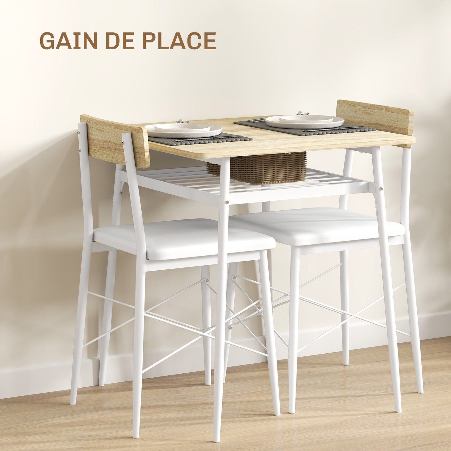 Eettafel – Tafel – Keukentafel – Dinertafel – Zitmeubel – Stalen Frame – 2 Stapelbare Stoelen – Wit en Eikenhout – Compact en Ruimtebesparend