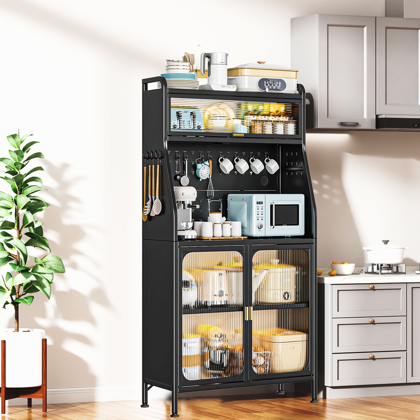 Voorraadkast – Opbergkast – Keukenkast – Opbergrek – Stellingkast – 5 Verdiepingen – Verstelbare Planken – Metalen & Kunststof – Zwart – Inclusief Bakers Rack en Pegboard Haken