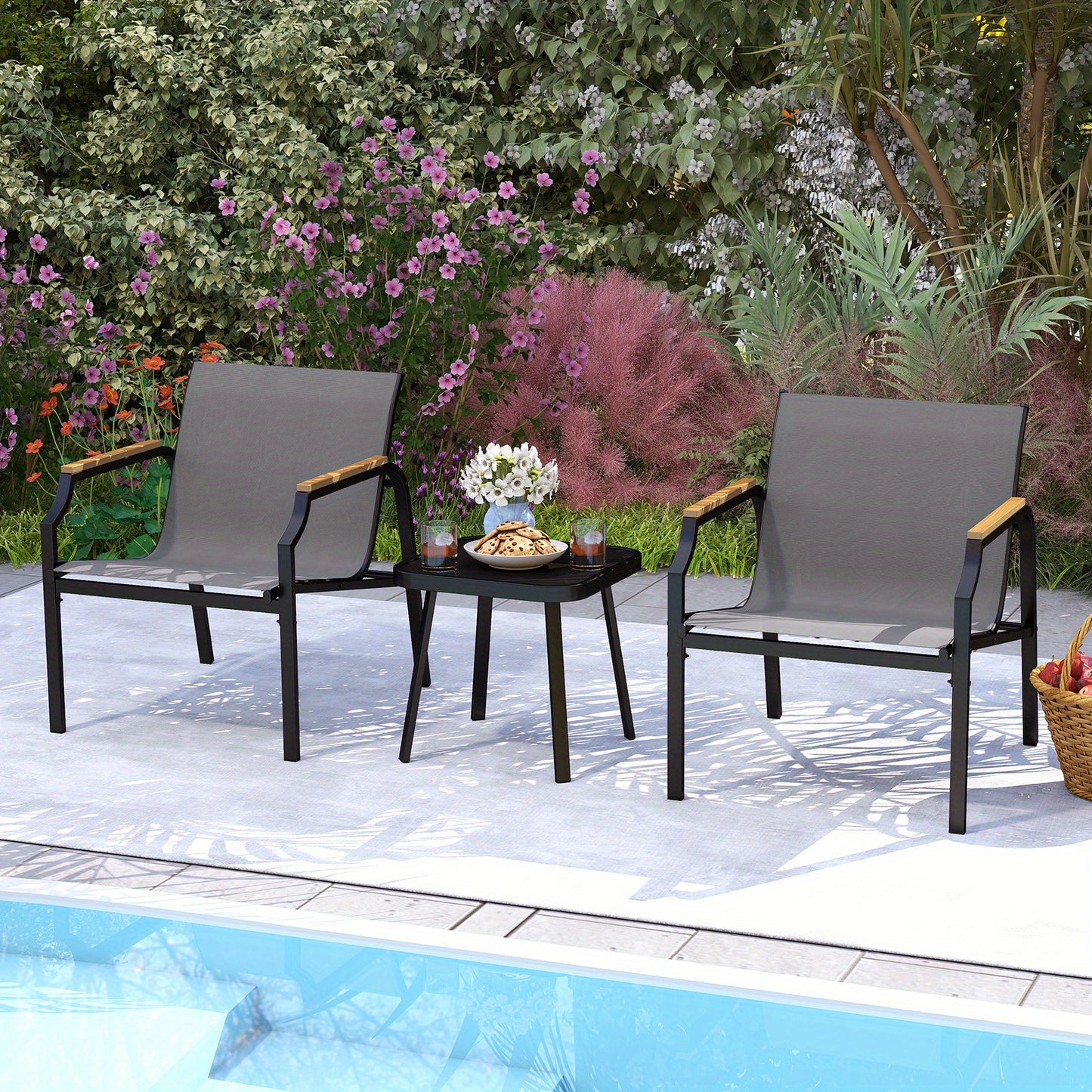 3-delig Tuinset – Tuinstoel – Balkonmeubel – Terrasstoel – Bijzettafel – Metalen Frame – Ademend Snel Droog Stof – Hout-Kunststof Armleuningen