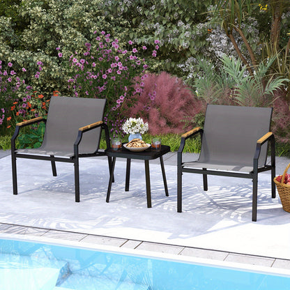 3-delig Tuinset – Tuinstoel – Balkonmeubel – Terrasstoel – Bijzettafel – Metalen Frame – Ademend Snel Droog Stof – Hout-Kunststof Armleuningen