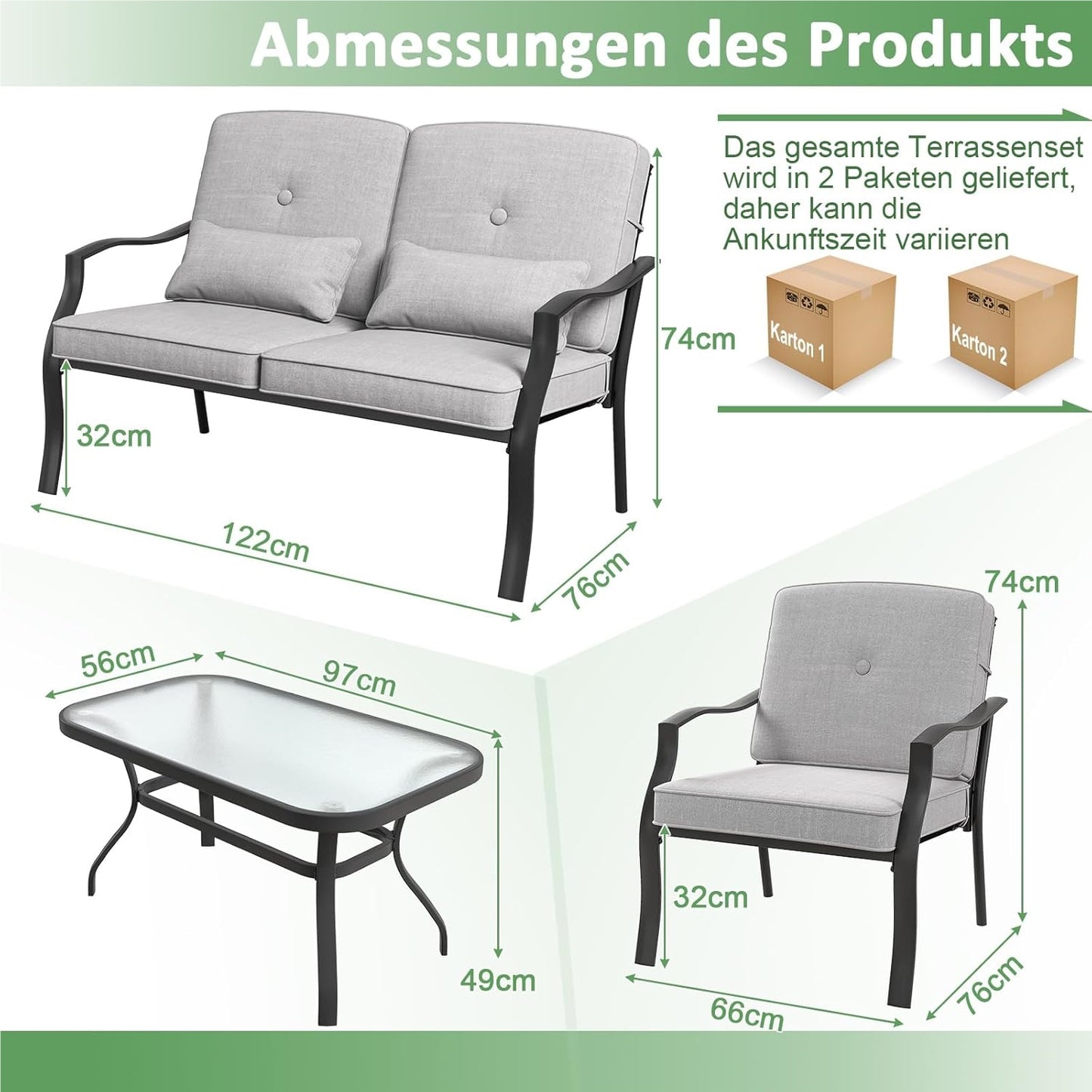 Tuinmeubelset – Loungeset – Tuinbank – Tuinstoelen – Salontafel – Zwart Metalen Frame – Comfortabele Grijze Kussens