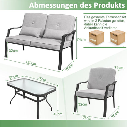 Tuinmeubelset – Loungeset – Tuinbank – Tuinstoelen – Salontafel – Zwart Metalen Frame – Comfortabele Grijze Kussens