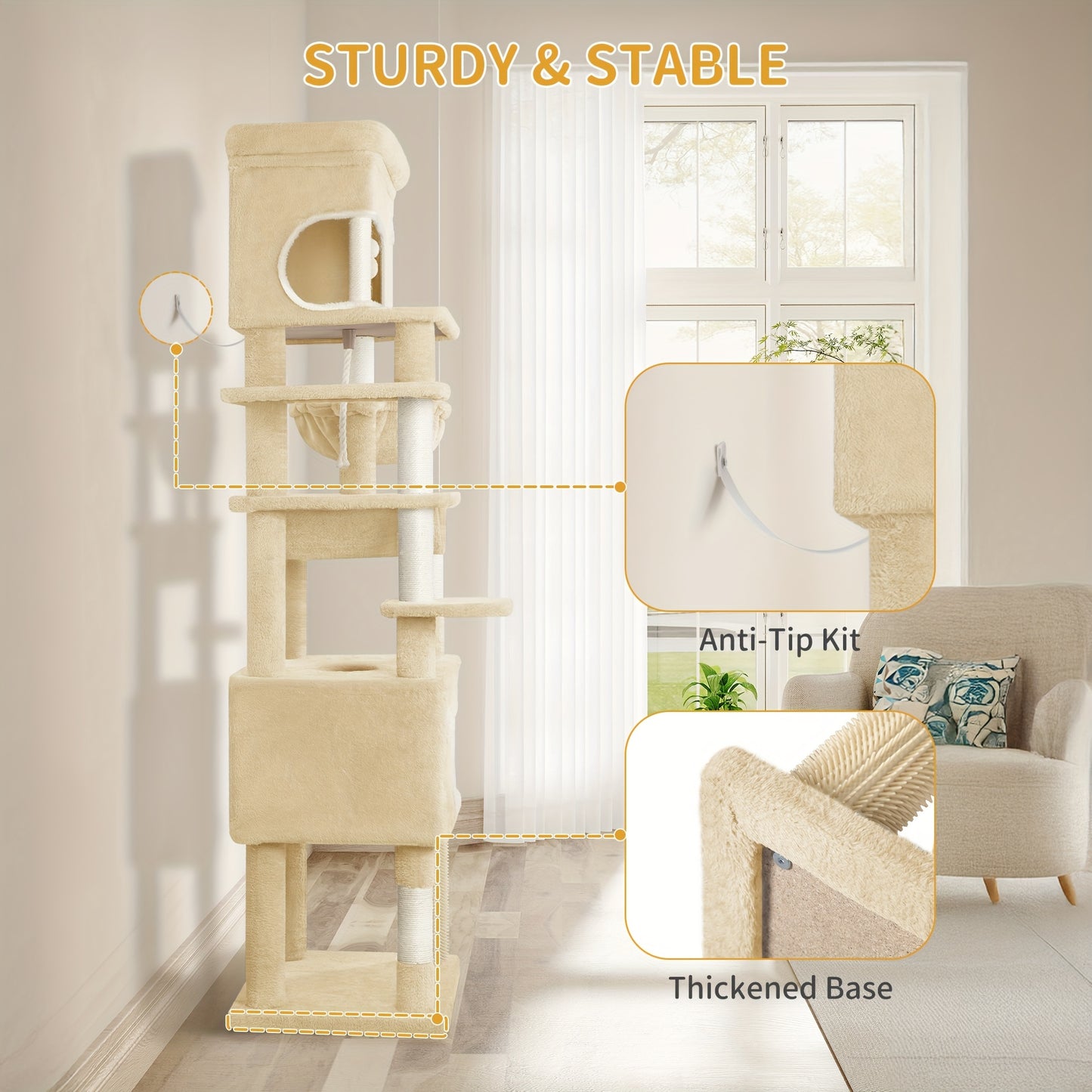 Cat Scratching Post with Large Platform, 2 Caves, 7 Scratching Posts, Pompoms, Loungers, Hammock, Suitable for All Cat Breeds, Beige - QUORE