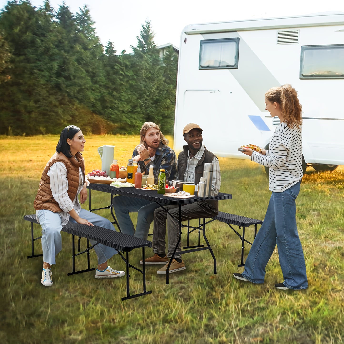 Opvouwbare Tuinset – Buffettafel – Bierbank – Campingtafel – Picknicktafel – Ruimte voor 8 Personen – Weerbestendig Kunststof Met Stalen Frame