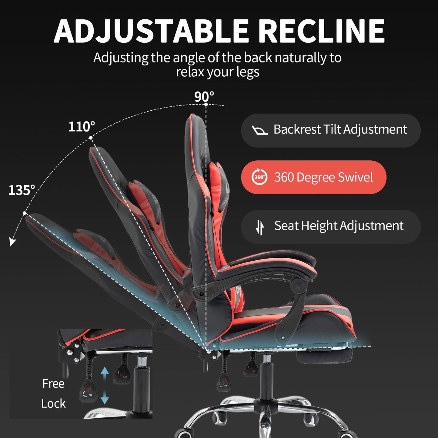 Gaming Bureaustoel – Ergonomische Stoel – Bureaustoel – Kantoorstoel – Gamestoel – Verstelbare Rugleuning – Ingebouwde Lendensteun – Met Voetensteun – 360° Draaibaar – Kunstleren Bekleding – Memory Foam Zitting – Rood