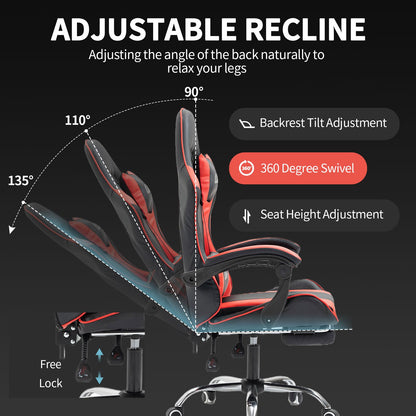 Gaming Bureaustoel – Ergonomische Stoel – Bureaustoel – Kantoorstoel – Gamestoel – Verstelbare Rugleuning – Ingebouwde Lendensteun – Met Voetensteun – 360° Draaibaar – Kunstleren Bekleding – Memory Foam Zitting – Rood