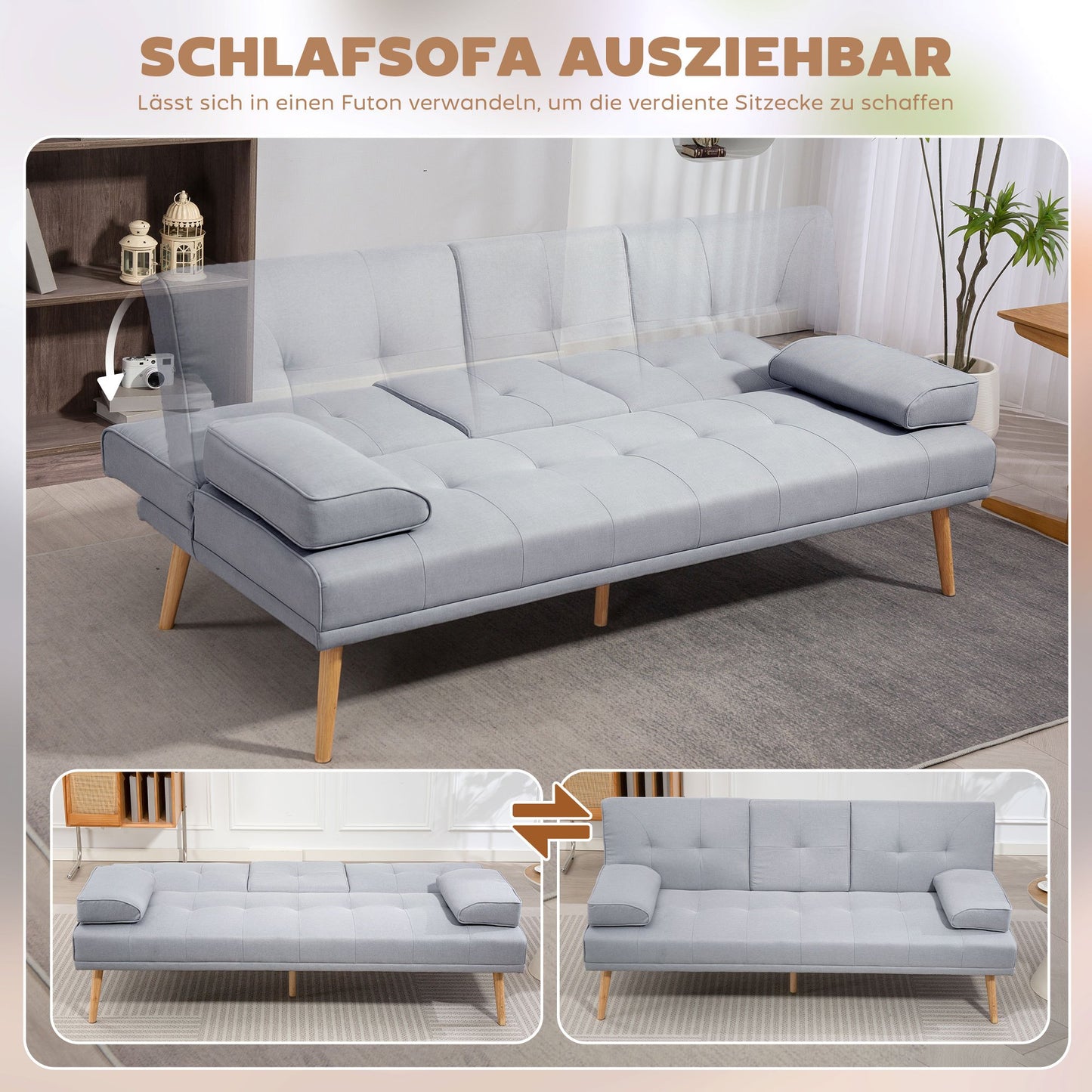 Bankbed – Slaapbank – Bedbank – 3-Zits Sofa – Sofa Bed – Linnenlook Stof – Inklapbare Tafel Met Bekerhouders – Verstelbare Rugleuning – Max. Belastbaar 250 Kg – Lichtgrijs