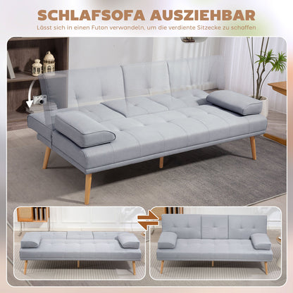 Bankbed – Slaapbank – Bedbank – 3-Zits Sofa – Sofa Bed – Linnenlook Stof – Inklapbare Tafel Met Bekerhouders – Verstelbare Rugleuning – Max. Belastbaar 250 Kg – Lichtgrijs