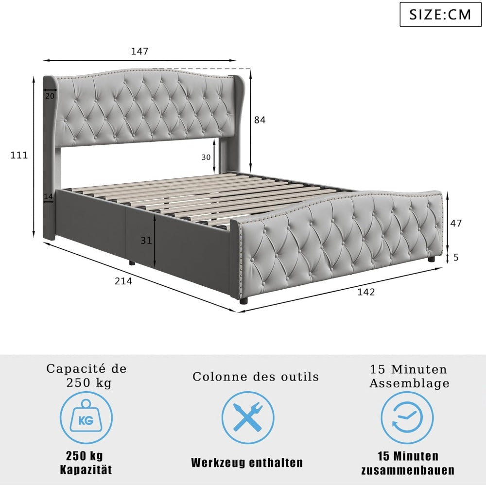 Stijlvol Gestoffeerd Bed – Vlakbed – Opbergbed – Platformbed – Queen Size Bed – 140x200 cm – Fluwelen Bekleding – Lift Opbergruimte