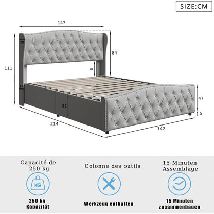 Stijlvol Gestoffeerd Bed – Vlakbed – Opbergbed – Platformbed – Queen Size Bed – 140x200 cm – Fluwelen Bekleding – Lift Opbergruimte