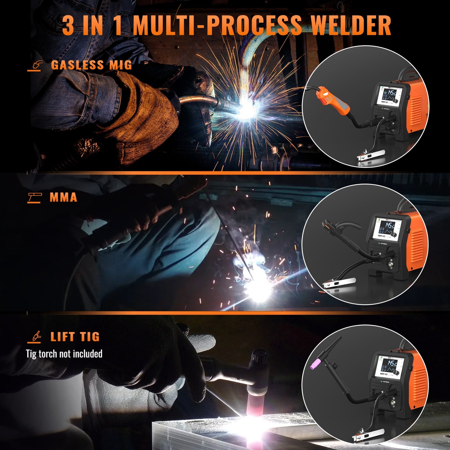 3-in-1 MIG Lasapparaat – 3-in-1 Lasmachine – MIG TIG Elektrode Lasser – Gasloos Lasinverter – 145A Lasstroom – LED Display & Thermische Bescherming