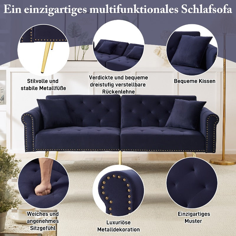 Sofa Bed – Slaapbank – Logeerbank – Bedbank – 2-Zits Bank – Fluwelen Navy Blauw/Zwart – 3-Standen Verstelbare Rugleuning – Ruimtebesparend Compact Design