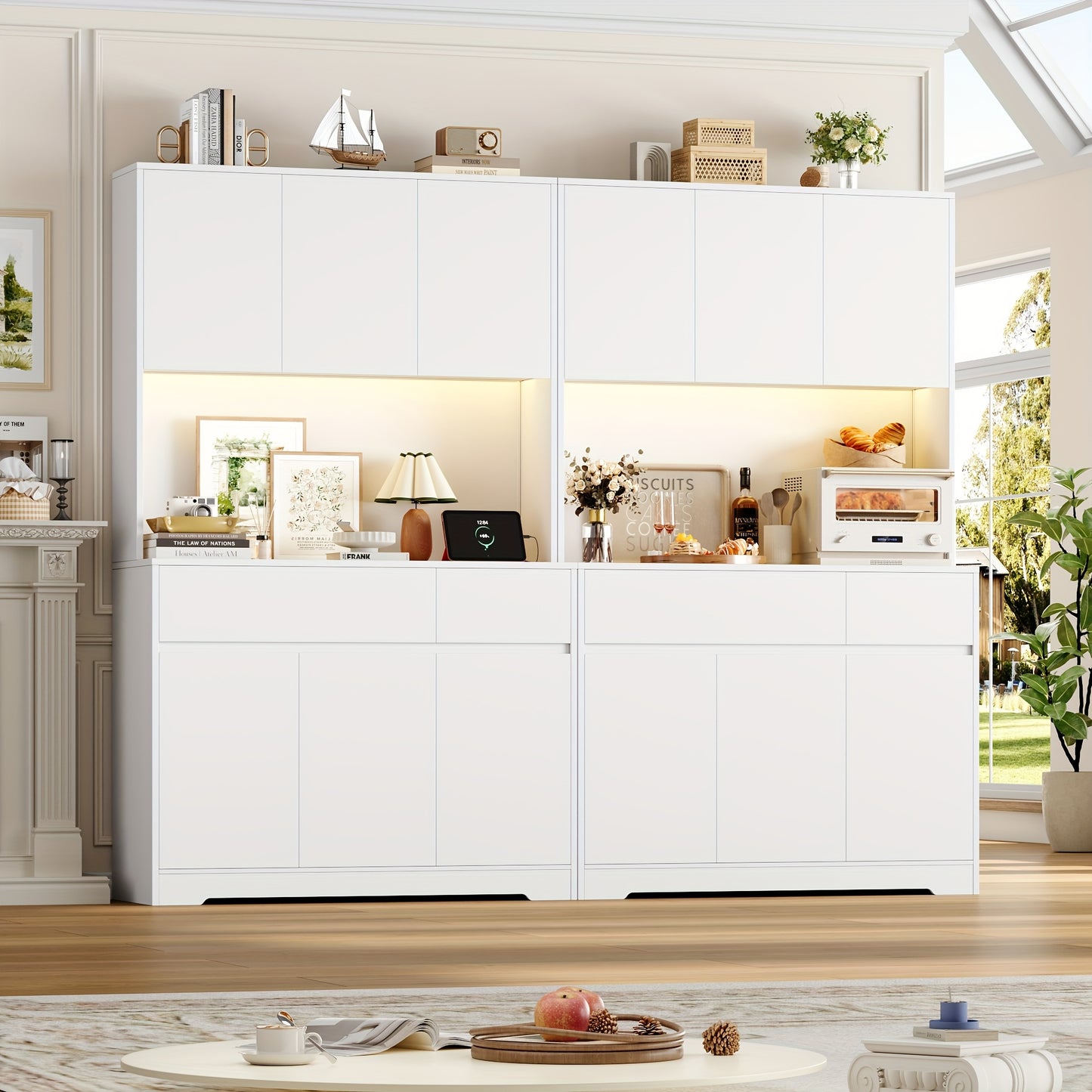 Keukenkast – Opbergkast – Buffetkast – Keukenmeubel – Dressoir – Grote Witte Kast – Verstelbare Planken – Spaanplaat Met Geharde Glazen Deuren