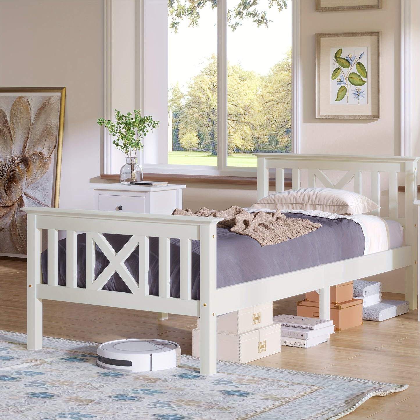 Bed frame, single bed, bed consisting of bed frame and slatted bed frame with headboard - 90 x 200cm, adult bed, white
