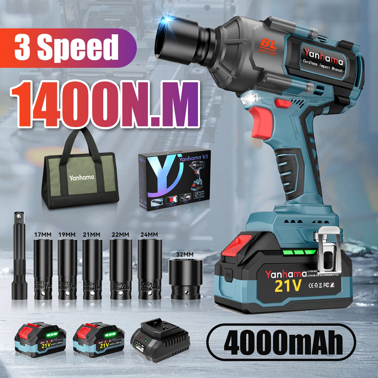 Yanhama 21V Brushless Electric Impact Wrench Set, Including Dual Lithium Batteries, Charger, Various Sockets And Tool Kit, Suitable For Various Scenarios Such As Auto Repair And Home Decoration, With Precise Torque And Effici