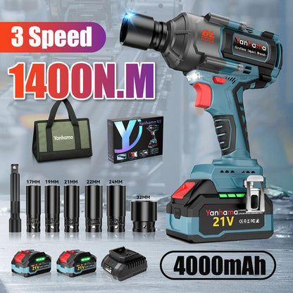 Yanhama 21V Brushless Electric Impact Wrench Set, Including Dual Lithium Batteries, Charger, Various Sockets And Tool Kit, Suitable For Various Scenarios Such As Auto Repair And Home Decoration, With Precise Torque And Effici