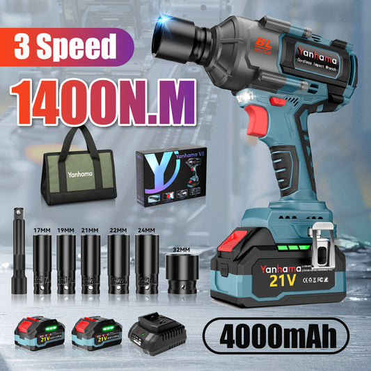 Yanhama 21V Brushless Electric Impact Wrench Set, Including Dual Lithium Batteries, Charger, Various Sockets And Tool Kit, Suitable For Various Scenarios Such As Auto Repair And Home Decoration, With Precise Torque And Effici