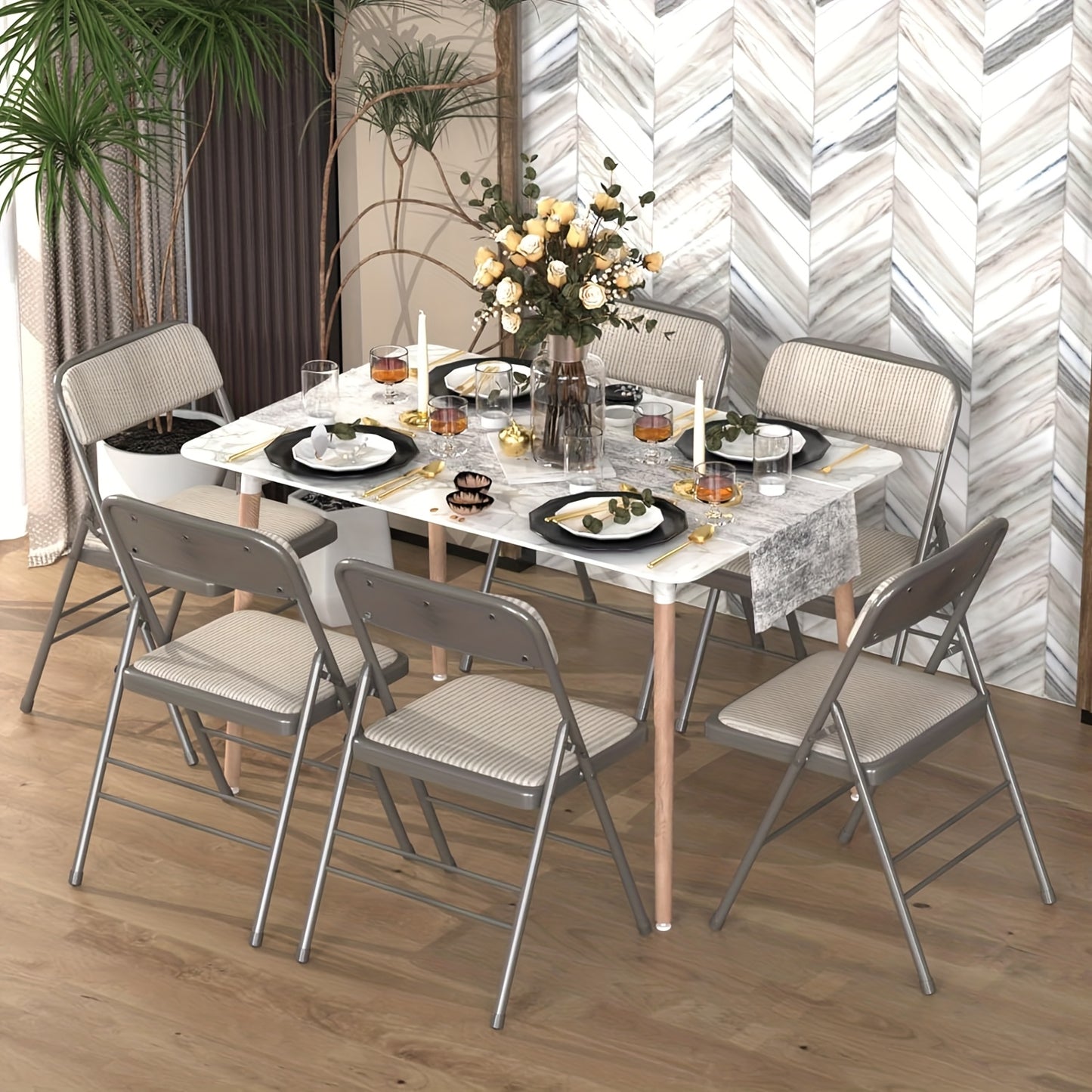 Opvouwbare Stoelen – Vouwstoelen – Campingstoelen – Tuinstoelen – Stoffen Stoelen – Set Van 4 – Gestreept Beige/Grijs – Stevig Metalen Frame – Comfortabele Bekleding