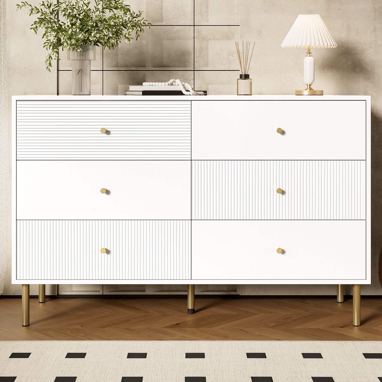 Commode – Ladekast – Dressoir – Opbergkast – Kast – Wit – 6 Lades – MDF Metalen Poten – Gouden Handgrepen – 120x40x78 cm