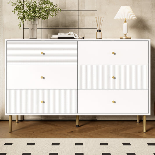 Commode – Ladekast – Dressoir – Opbergkast – Kast – Wit – 6 Lades – MDF Metalen Poten – Gouden Handgrepen – 120x40x78 cm