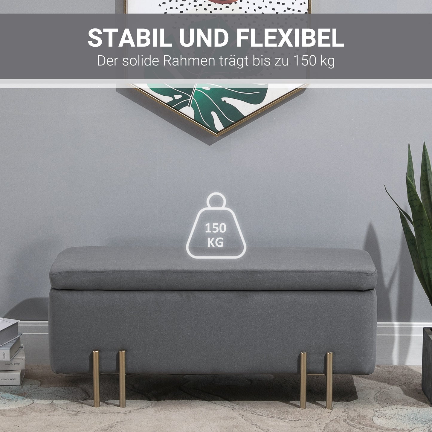 Bankje – Opbergbank – Zitbank – Opbergkist – Gestoffeerd – Donkergrijs – Met Opbergruimte – 100x40x42 cm – Rubberhout Frame – Metalen Poten