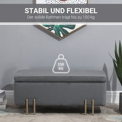 Bankje – Opbergbank – Zitbank – Opbergkist – Gestoffeerd – Donkergrijs – Met Opbergruimte – 100x40x42 cm – Rubberhout Frame – Metalen Poten