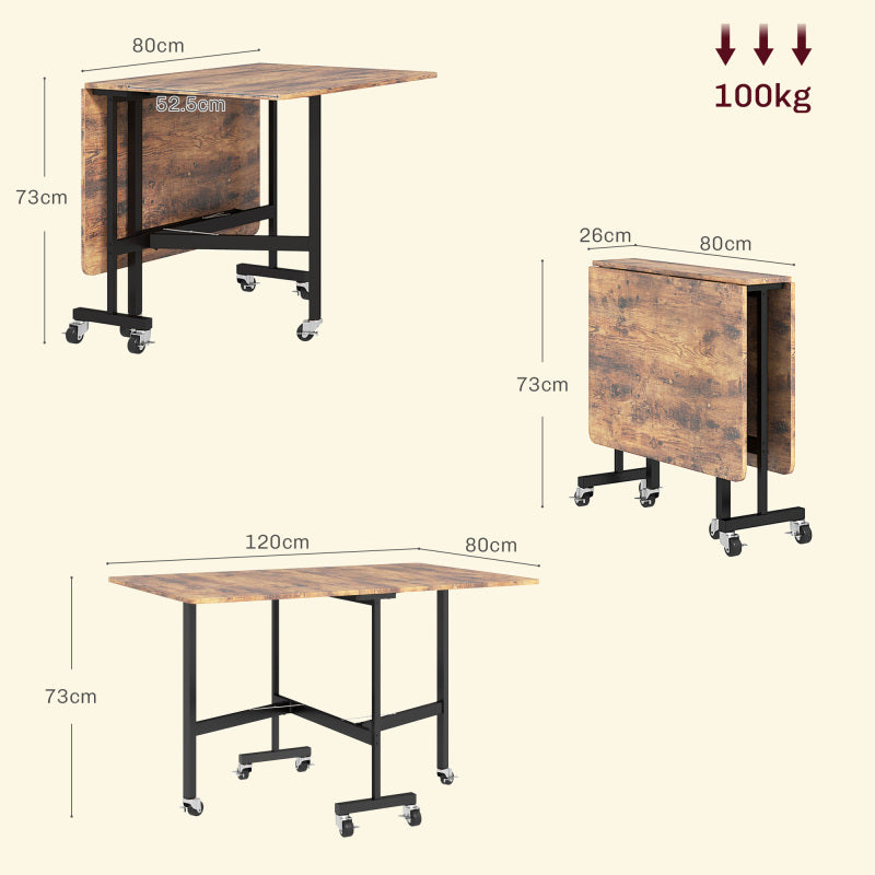 HOMCOM Foldable Dining Table for 6 People with Locking Wheels, Heavy-Duty Expandable Table (Expandable from 66.04cm to 119.38cm) - Space-Saving Design, 4-Tier Compatible Fold, Sturdy Non-Wood Surface & Black Legs for Small Sp