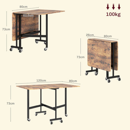 HOMCOM Foldable Dining Table for 6 People with Locking Wheels, Heavy-Duty Expandable Table (Expandable from 66.04cm to 119.38cm) - Space-Saving Design, 4-Tier Compatible Fold, Sturdy Non-Wood Surface & Black Legs for Small Sp