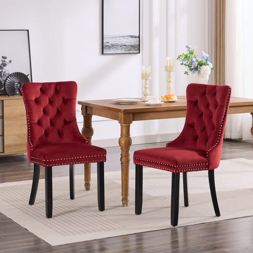 Set of 2 Modern Luxury Tufted Velvet Dining Chairs - Plush Upholstered Seats with Nailhead Trim, Dark Brown/Black Legs & Neutral-Toned Cushion, Easy-Clean Fabric for Contemporary Dining Room, Living Room, or Office - Multi-Co