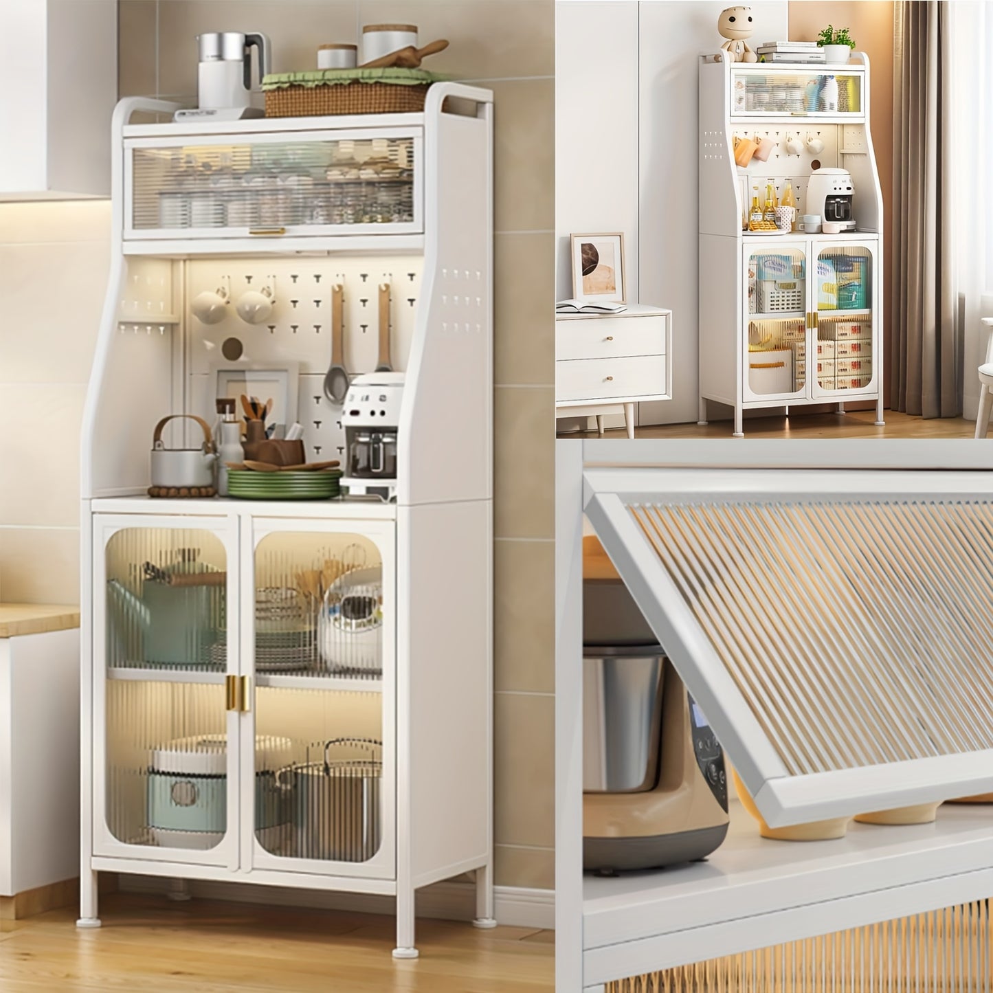 Keukenkast – Hoge Kast – Opbergkast – Magnetronkast – Buffetkast – Verstelbare Planken – Op Wieltjes – 66x36x160 cm – Stevig Metaal