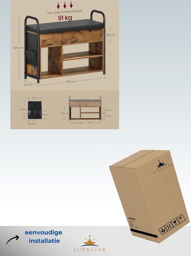 Schoenenbank met zitvlak - schoenenrek - zitbank met opbergruimte onder het deksel - PU-organizer - handgrepen - voor hal - woonkamer - slaapkamer - vintage bruin-inktzwart