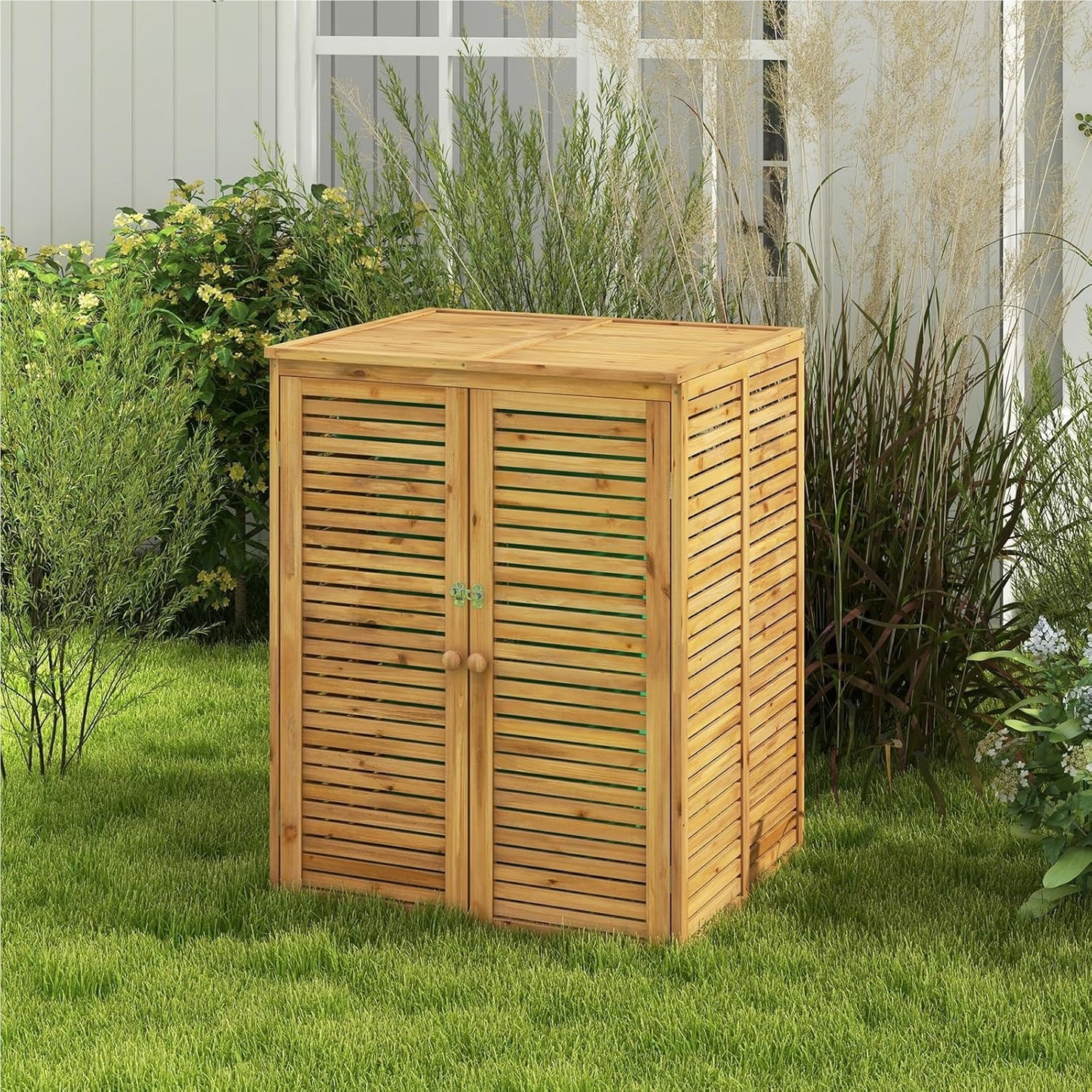 Houten Afvalbakombouw – Afvalbak Bescherming – Afvalbak Behuizing – Afvalbak Ombouw – Afvalbakkast – Weerbestendig Vurenhout – Gaspedaal Deksel & Afsluitbare Deur – Voor 120L Afvalbak