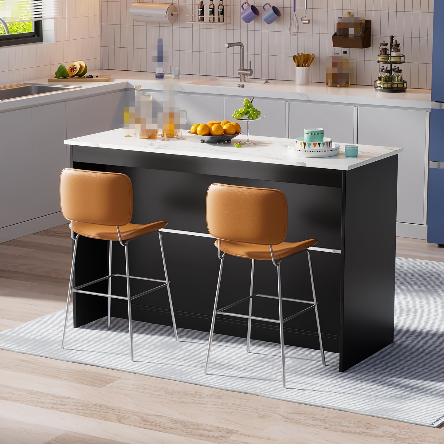 Keukeneiland – Keukentrolley – Keukenkast – Serveerwagen – Buffetkast – Marmerlook Blad – Stevig Hout Met Veel Opbergruimte - Zwart en Wit