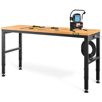 Werkbank – Verstelbare Werktafel – Klusbank – Montagebank – Krachtige Werkplek – Verstelbare Hoogte 72-97 cm – Massief Houten Blad 25 mm – Inclusief Stopcontacten & USB-poorten – Koudgewalst Stalen Frame