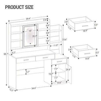 Make-uptafel – Kaptafel – Make-upmeubel – Schminktisch – Witte Make-uptafel – Groot Tafelblad 130 cm – Negen Open Schappen – Twee Lades – Kastje Met Plank