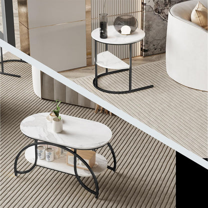 Salontafel – Bijzettafel – Woonkamertafel – Koffietafel – Tafelset – Ronde Tafels – Marmerlook Blad – Gouden Metalen Poten