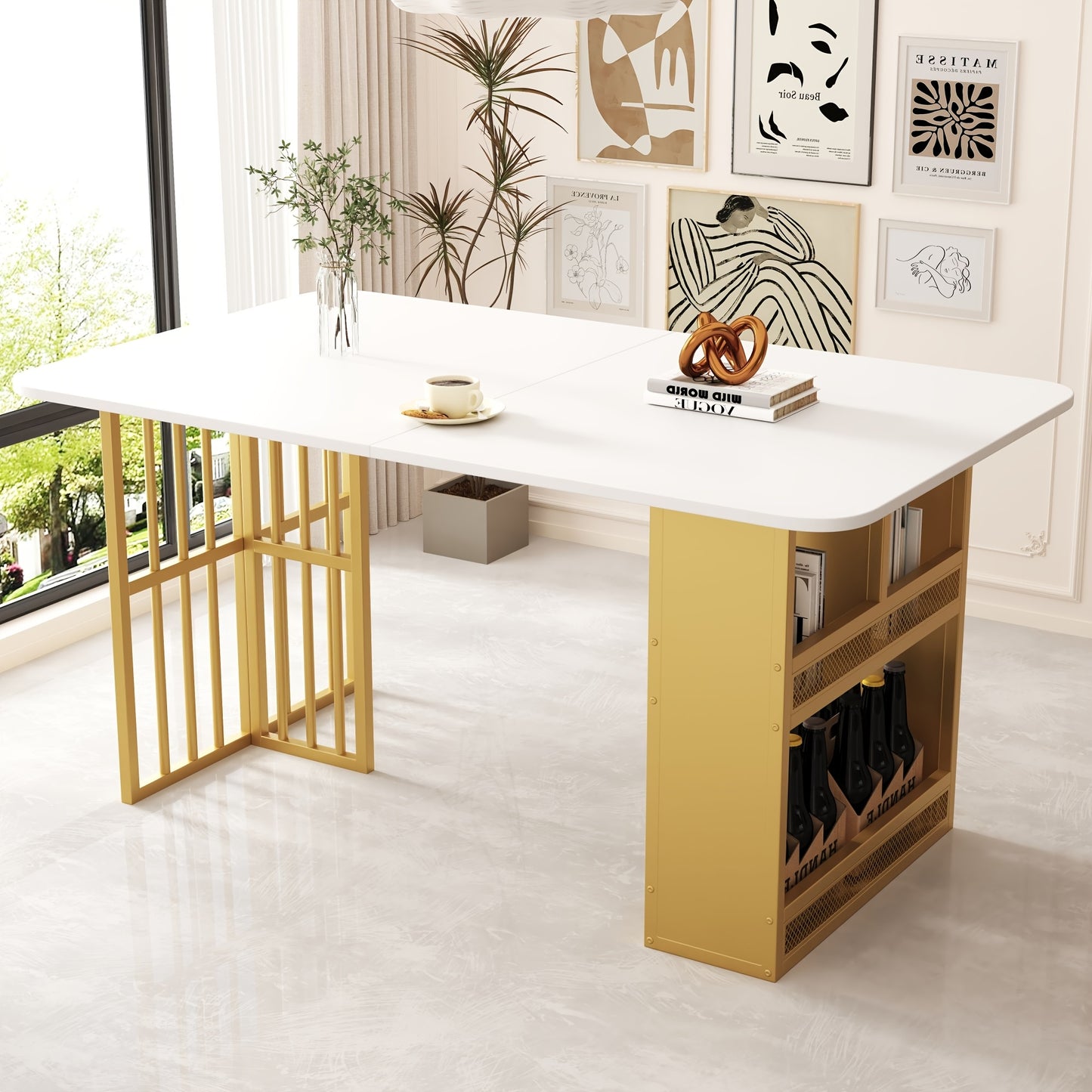 Ronde Eettafel – Eettafel Rond – Keukentafel – Tafel Metalen Onderstel – Witte Tafelblad – Uniek Geometrisch Onderstel – Duurzaam Niet-Hout – Voorgemonteerd & Makkelijk Schoon Te Maken