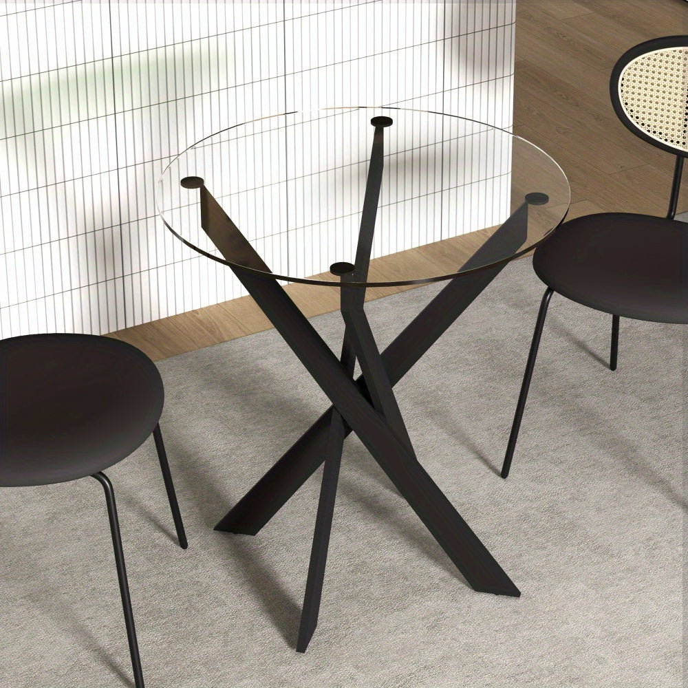 Eettafel – Ronde Tafel – Keukentafel – Diner tafel – Glas Tafel – 70x75 cm – Gehard Glas Blad – Zwart Metalen Poten
