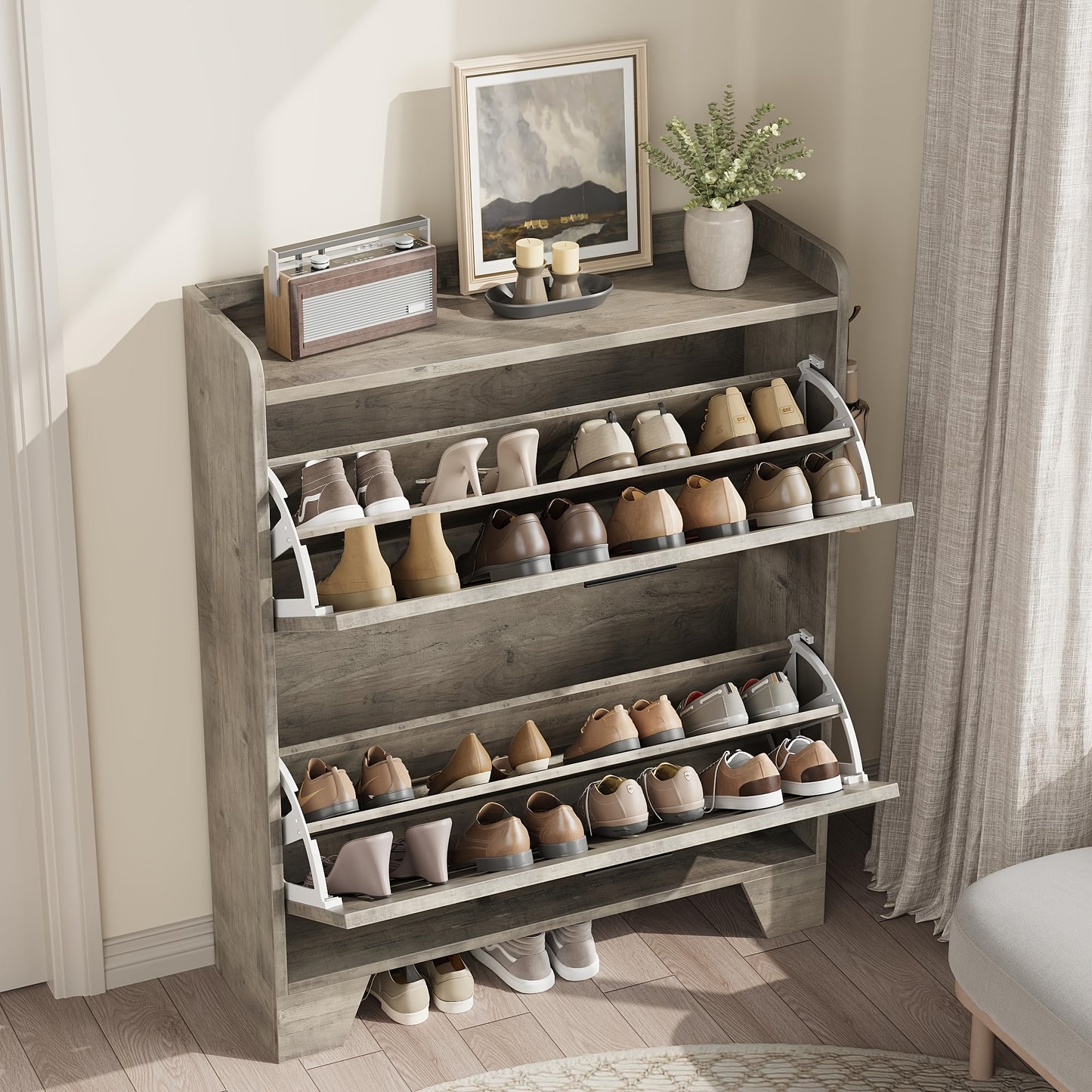 Schoenenkast – Schoenenrek – Schoenenopberger – Schoenenkastje – Smalle Halmeubel – Hout – 2 Opklapbare Laden Met Dubbele Verdieping – Zijhaken Voor Kleine Spullen