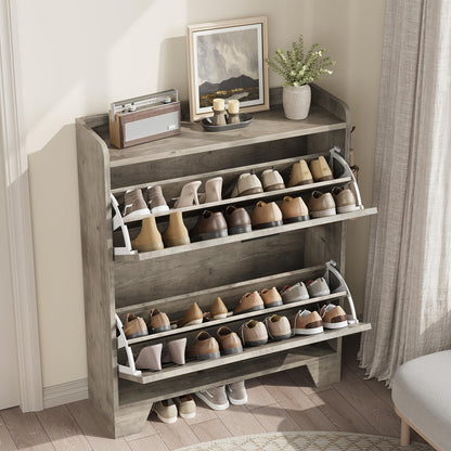 2 Tier Flip Down Narrow Shoe Cabinet with Hooks | Farmhouse Slim Entryway Storage Organizer Shoe Rack for Small Spaces, Hallway, Apartment, Foyer | Classic Wood, Floor Mount, Assembled by MERXENG
