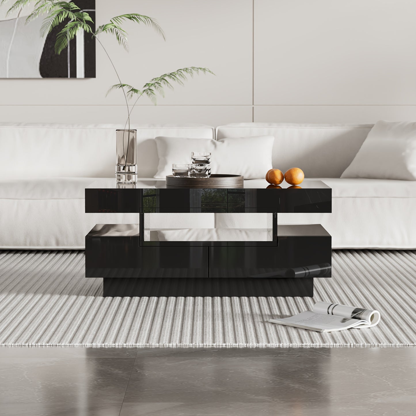 Modern Coffee Table with High-Gloss Black Finish - Large Living Room Center Table, 4 Drawers (Front & Back), Spacious Storage, Easy Assembly, for Living Room, Home Office, or Entertainment Spaces - Durable Furniture, Coffee T