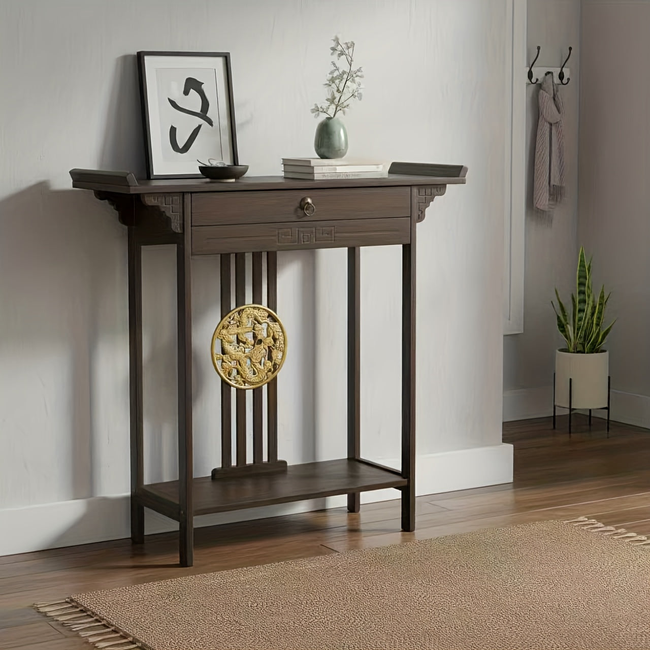 Retro Farmhouse Sidetable – Houten Dressoir – Halmeubel – Sofa Tafel – Nachtkastje – Donkerbruin – Massief Hout – Lade en Plank – 119,89x39,88x76,96 cm – Gouden Knoppen – Eenvoudige Montage