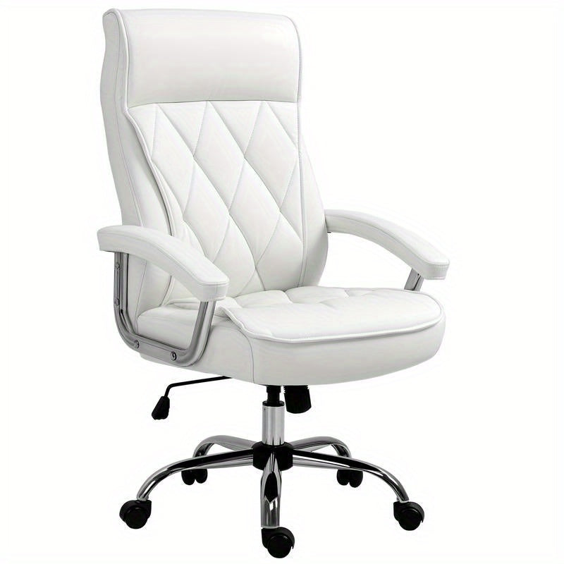 Bureaustoel – Ergonomische Stoel – Kantoormeubilair – Bureaustoel Met Wielen – Draaistoel – Verstelbare Zithoogte – Kantelfunctie – Witte Kunstleren Bekleding – Stevige Vijfwielbasis