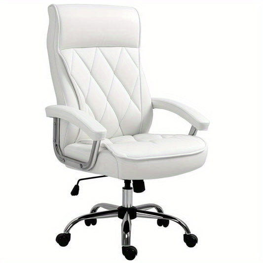 Bureaustoel – Ergonomische Stoel – Kantoormeubilair – Bureaustoel Met Wielen – Draaistoel – Verstelbare Zithoogte – Kantelfunctie – Witte Kunstleren Bekleding – Stevige Vijfwielbasis