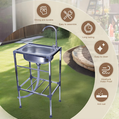 Single Bowl Kitchen Sink, Freestanding Sink with Hot And Cold Water Faucet, Portable Camping Sink, Suitable for Outdoor/Indoor Single Bowl Washbasin, 1 Bowl Commercial Sink, Portable Sink, Kitchen Sink Single Bowl, Outdoor Si