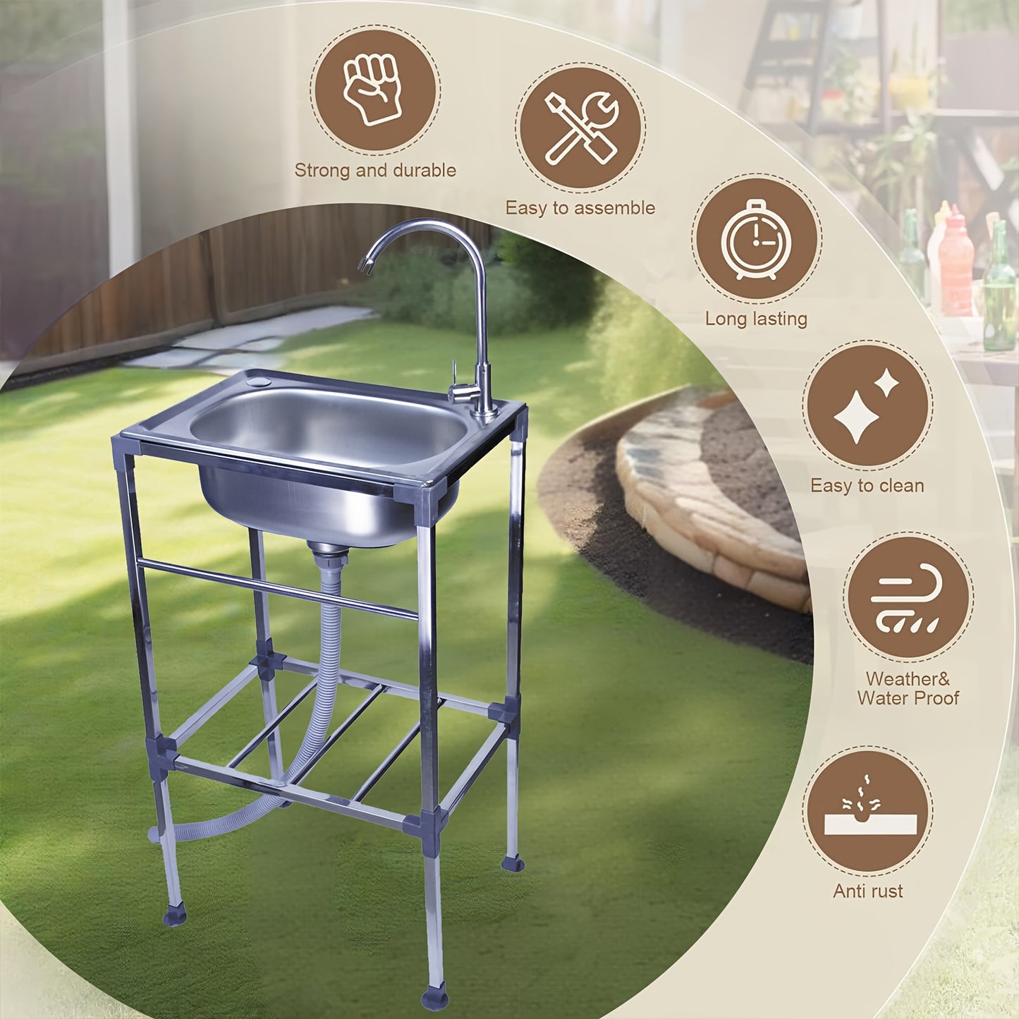 Single Bowl Kitchen Sink, Freestanding Sink with Hot And Cold Water Faucet, Portable Camping Sink, Suitable for Outdoor/Indoor Single Bowl Washbasin, 1 Bowl Commercial Sink, Portable Sink, Kitchen Sink Single Bowl, Outdoor Si