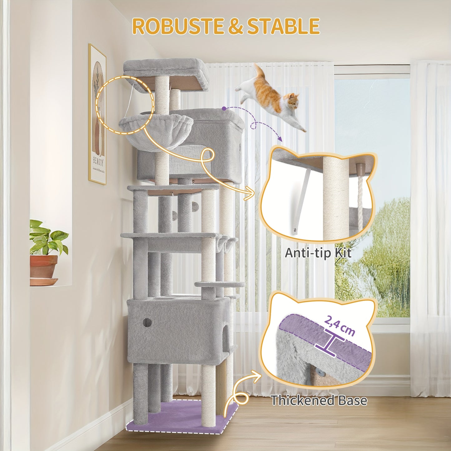 Krabpaal XXL – Kattenboom – Klimmeubel – Speelmeubel – Krabmeubel – Beige Kleur – 200 cm Hoog – 10 Sisal Krabpalen
