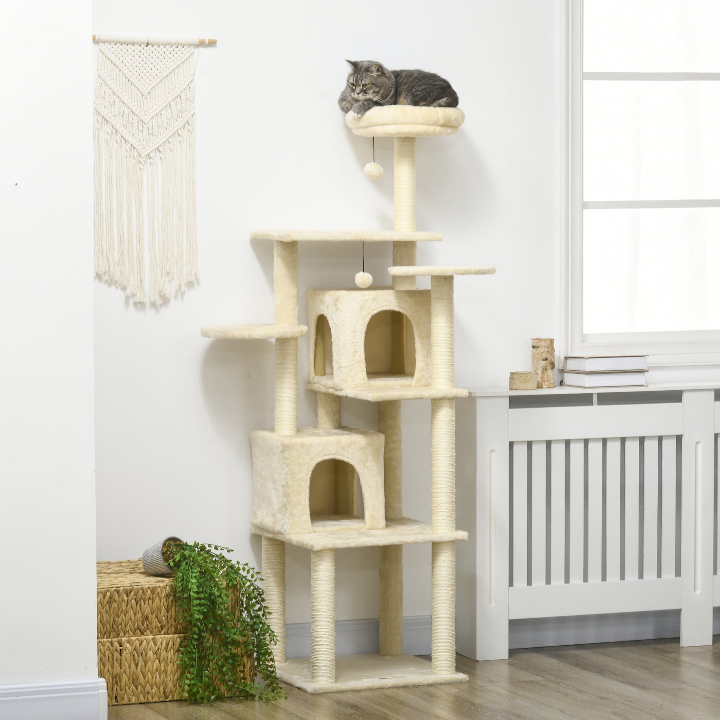 Krabpaal – Kattenboom – Kattenhuis – Krabmeubel – Kattenpaal – 171 cm Hoog – Met 2 Nestjes en 6 Platforms – Natuurlijk Sisal & Hangpompons