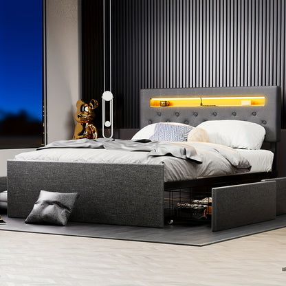 Tweepersoonsbed – Bedframe – Slaapbed – Opbergbed – Led Bed – 140x200 cm – Gestoffeerd Hoofdeinde – 4 Lade Opbergruimte